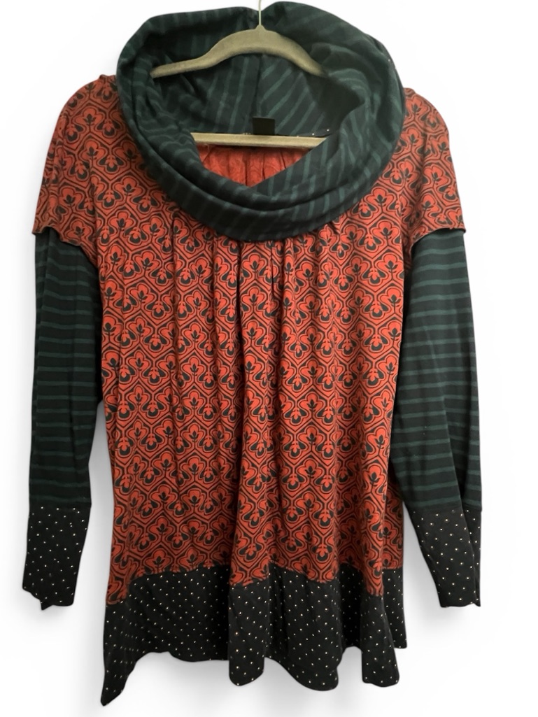 Marc By Marc Jacobs Red & Dark Green Unique Patterned Cowl-Neck Tunic Sweater